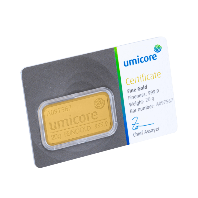 Obverse 20 gram Umicore gold bar