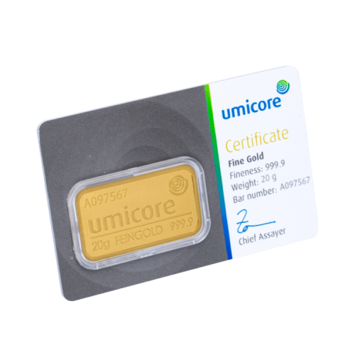 Obverse 20 gram Umicore gold bar