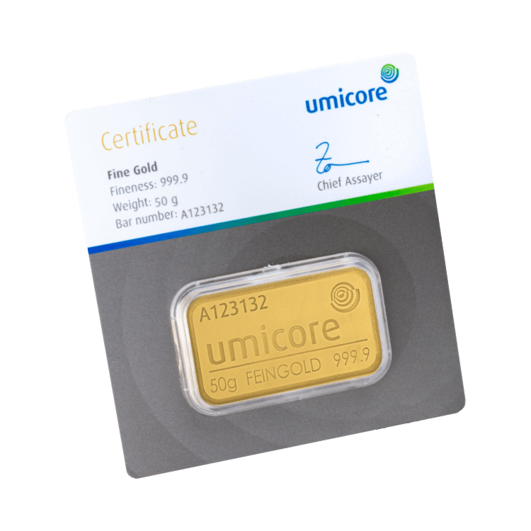 Gold bar 50 grams Umicore with certificate Certificate of authenticity