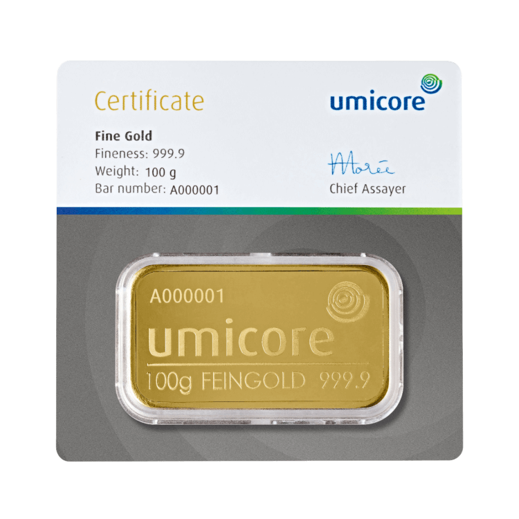 Umicore 100 gram gold bar with certificate