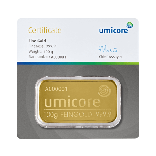 Thumbnail Umicore 100 gram gold bar with certificate