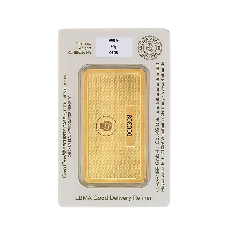 Certificate C. Hafner 50 gram gold bar