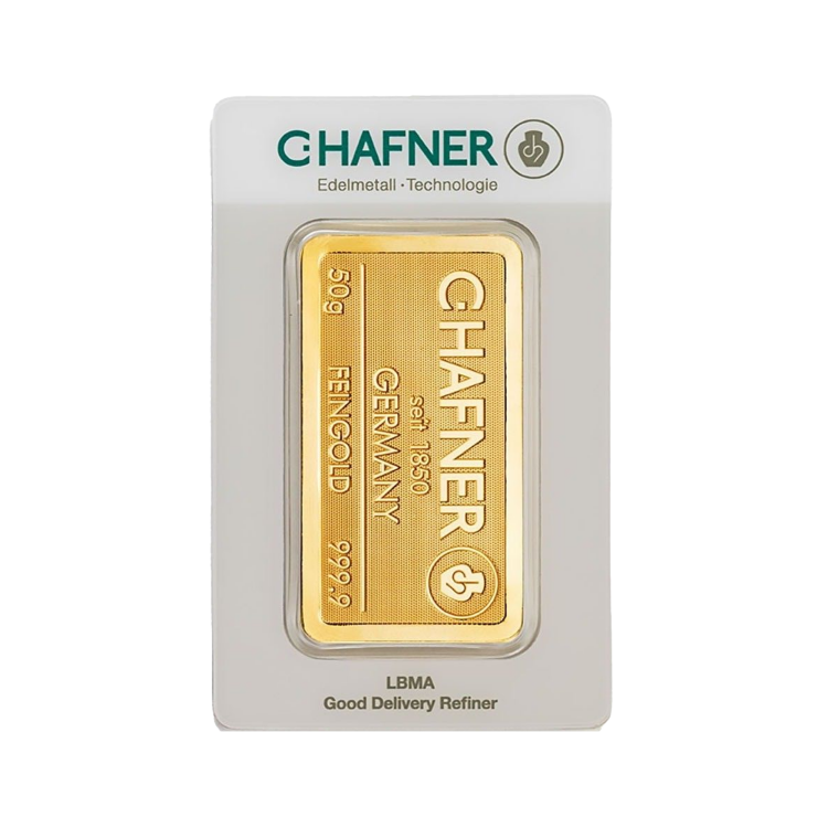 C. Hafner 50 gram gold bar obverse