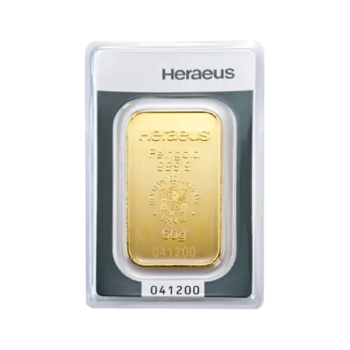 Thumbnail 50g Heraeus Goudbaar Divers voorkant
