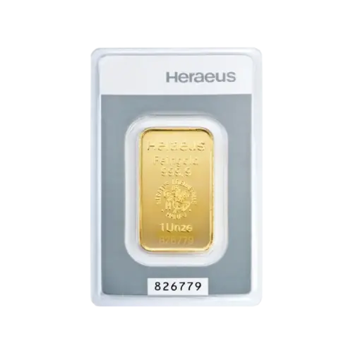 Thumbnail 1 oz Heraeus Goudbaar Divers voorkant